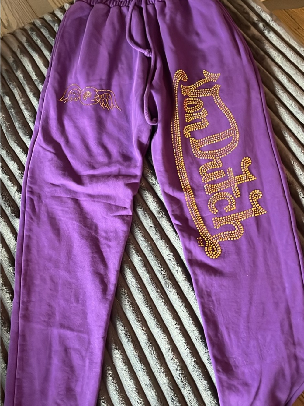 Von Dutch Purple Joggers with Gold Rhinestone Script